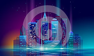 Smart city 3D neon glowing cityscape. Intelligent building automation night futuristic business concept. Web online photo