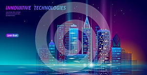 Smart city 3D neon glowing cityscape. Intelligent building automation night futuristic business concept. Web online photo