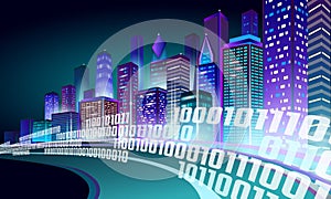 Smart city 3D neon glowing cityscape. Intelligent building highway route night futuristic business concept. Web online photo