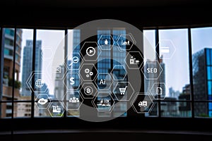 Smart city data Management Platform with virtual interface graphic icons concept