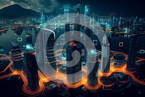Smart city and digital telecommunication and communication network concept. Big data connection technology. De-focused background