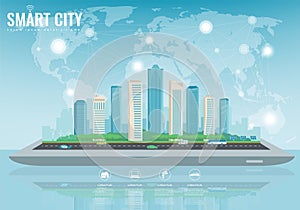 Smart city on a digital touch screen tablet with different icon. City with infographic elements. Vector