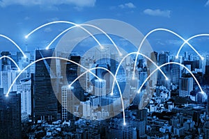 Smart city. global media link connecting on night city background, digital, internet, communication, globalization, networking, bu