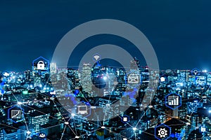 Smart city. global media link connecting on night city background, digital, internet, communication, networking, partnership, smar