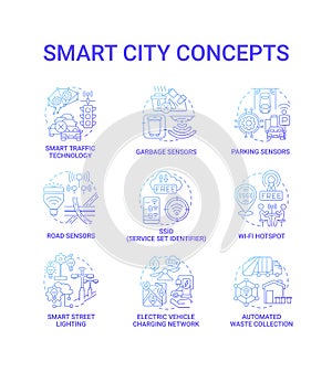 Smart city gradient blue concept icons set