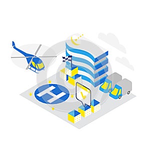 Smart city. Helicopter helipad data infrastructure isometric concept technology. Internet cloud storage heliport. Blue