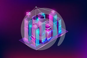 Smart city illustration concept with smart buildings. Neon night smart city with internet icons