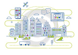 Smart City Illustration in Flat Linear Vector Style