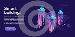 Smart city or intelligent building isometric vector concept. Building automation with computer networking illustration.