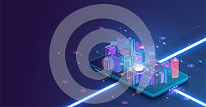 Smart city or intelligent building isometric vector concept. Building automation with computer networking illustration
