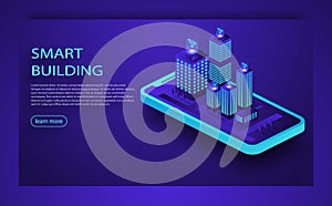 Smart city or intelligent building isometric vector concept. IoT platform future technology. Smart building Isometric concept.