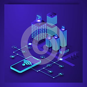 Smart city or intelligent building isometric vector concept. IoT platform future technology. Smart building Isometric concept.