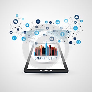 Smart City, Internet of Things Design Concept with Tablet PC Icons - Digital Network Connections, Technology Background