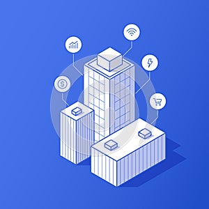 Smart city isometric vector. illustrationFinancial and e-commerce building icons on blue, symbolizing commerce, internet