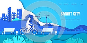 Smart city landing page. Cartoon man on electric vehicle, origami boy riding bicycle. Paper cut interface with headline