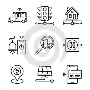smart city line icons. linear set. quality vector line set such as cit card, solar panel, charging, helipad, smart city, smart