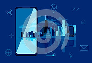 Smart city or location concept. Modern town in smartphone with icons on dark background. Vector illustration EPS10