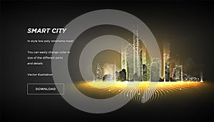 Smart city low poly wireframe.City hi tech abstract or metropolis.Intelligent building automation system business concept.