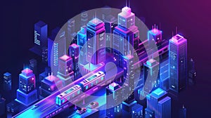 The smart city metropolis isometric landing page, shows subway trains, cars, and tall skyscraper buildings riding on a