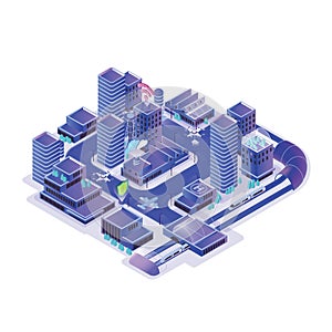 Smart city model isolated on white background. Urban area with electronically managing traffic, energy consumption