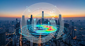 Smart City Network with Digital Overlay and Data Visualization at Sunset