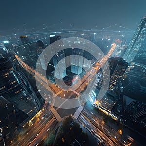 Smart City at Night Controlled by Artificial Intelligence with Neon Lights and Digital Infrastructure photo