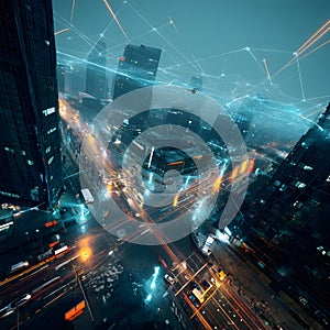 Smart City at Night Controlled by Artificial Intelligence with Neon Lights and Digital Infrastructure photo