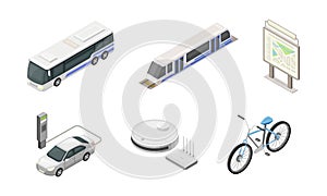 Smart City with Railway Traffic, Wireless Network and Electric Car Isometric Vector Set