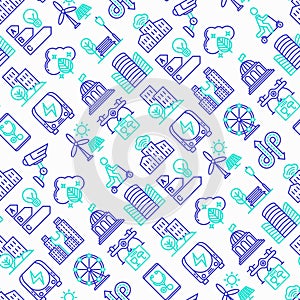 Smart city seamless pattern with thin line icons: green energy, intelligent urbanism, efficient mobility, zero emission, electric