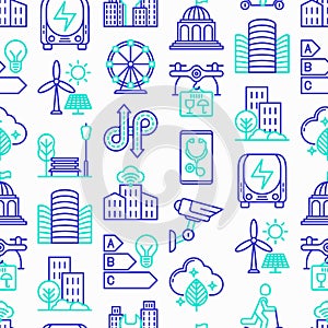 Smart city seamless pattern with thin line icons: green energy, intelligent urbanism, efficient mobility, zero emission, electric