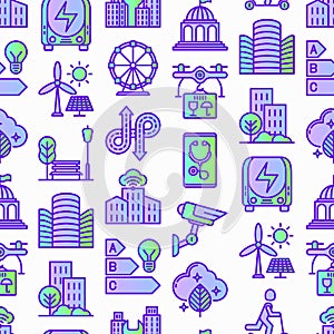 Smart city seamless pattern with thin line icons: green energy, intelligent urbanism, efficient mobility, zero emission, electric