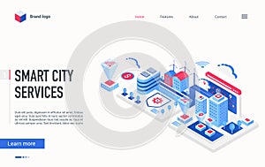 Smart city service isometric landing page, futuristic cityscape with smart technology