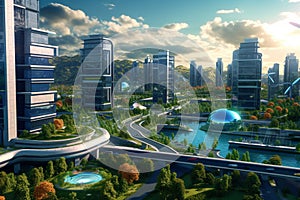 Smart city with solar panels and wind turbines at night. 3D rendering