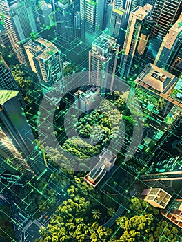 Smart city solution featuring extensive phyto-remediation areas, high-tech sensors monitoring environmental health and air quality photo