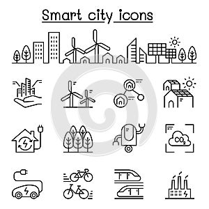 Smart city, Sustainable town, Eco friendly city icon set in thin line style