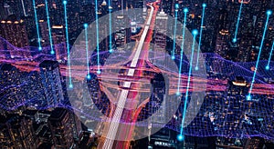 Smart City Technology Data Network Flow Over Urban Landscape