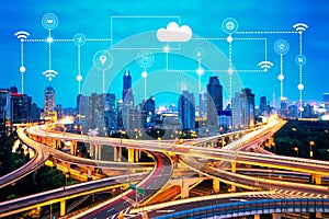 Smart city and technology icons, internet of things, with smart services networks background
