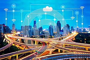 Smart city and technology icons, internet of things, with smart services networks background photo