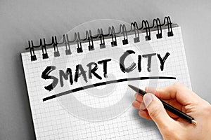 Smart city text on notepad, concept background