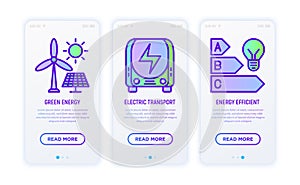 Smart city thin line icons set: green energy, electric transport, energy efficient. Vector illustration for user mobile interface