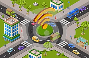 Smart city traffic and wifi on crossroad isometric 3D vector illustration of modern urban transport internet technology