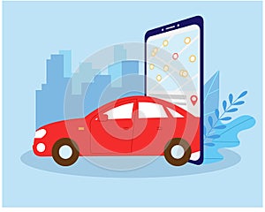 Smart city transportation concept, Online car sharing with red car and smartphone, can use for landing page, template, ui, web,
