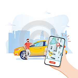 Smart city transportation vector illustration concept, Online car sharing with cartoon character and smartphone.