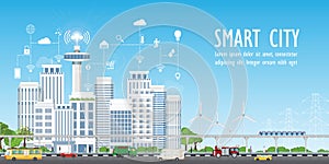 Smart city on urban landscape with different icons