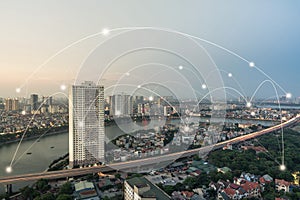 Smart city and wireless communication network concept. Digital network connection lines