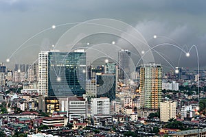 Smart city and wireless communication network concept. Digital network connection lines of Hanoi city