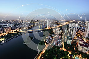 Smart city and wireless communication network concept. Digital network connection lines of Hanoi city, Vietnam at Linh Dam