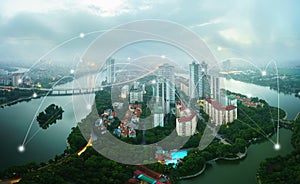 Smart city and wireless communication network concept. Digital network connection lines of Hanoi city, Vietnam at Linh Dam