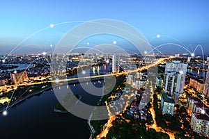 Smart city and wireless communication network concept. Digital network connection lines of Hanoi city, Vietnam at Linh Dam