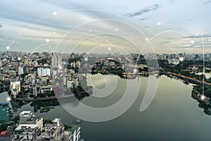 Smart city and wireless communication network concept. Digital network connection lines of Hanoi city at West Lake or Ho Tay